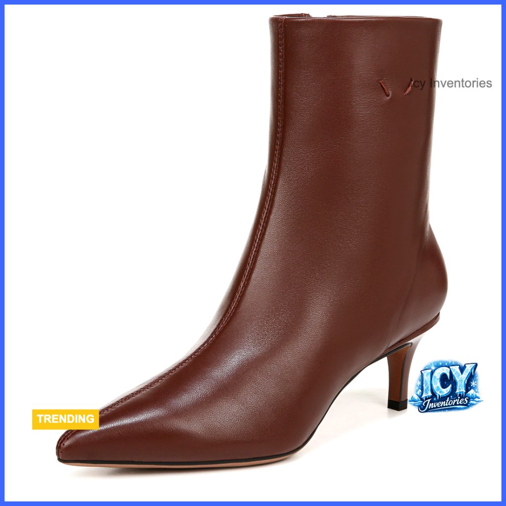 Leather Pointed Toe Kitten Heel Ankle Boots With Side Zipper